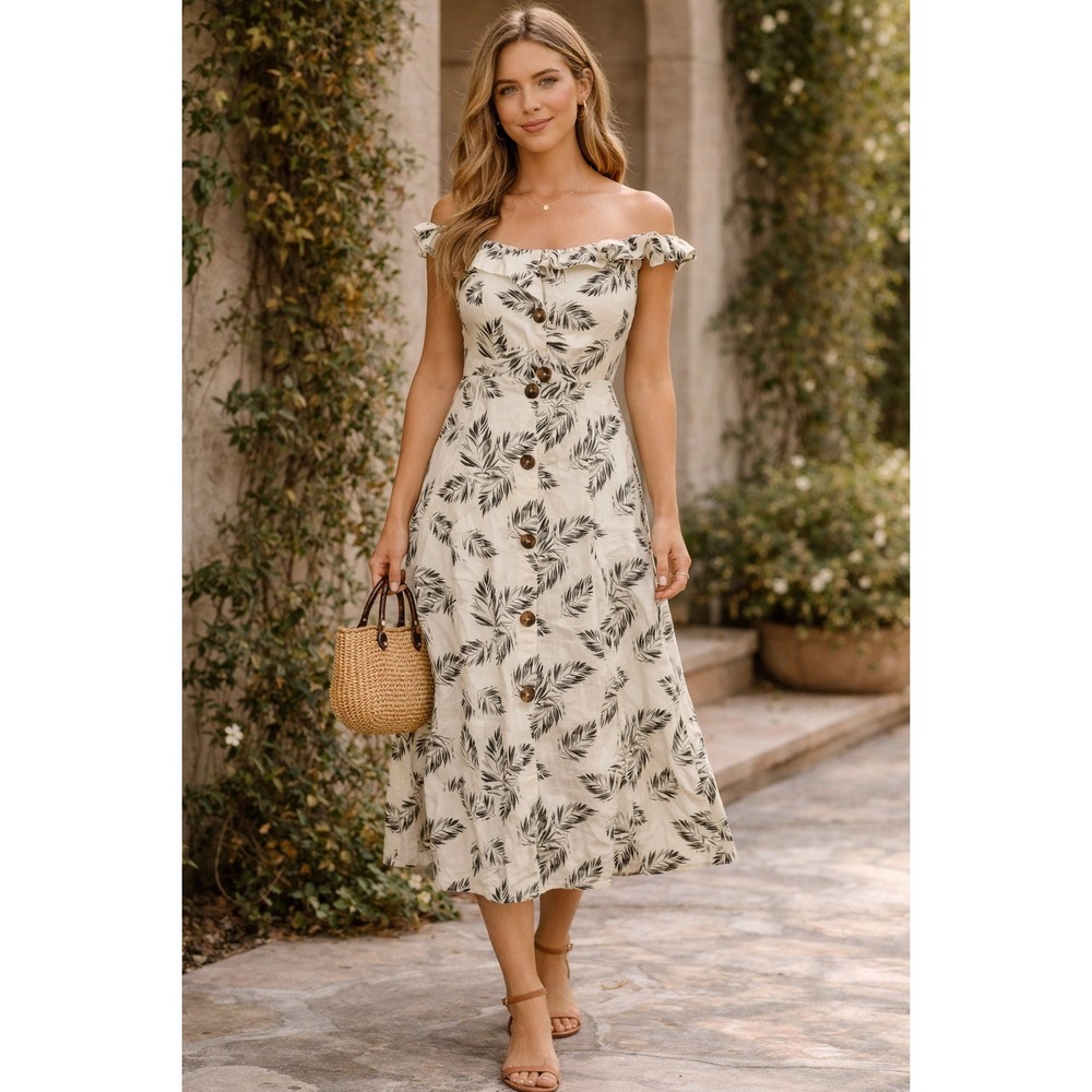 By Together Sleeveless Midi Dress Ruffle Neckline Button Palm Print - Small
